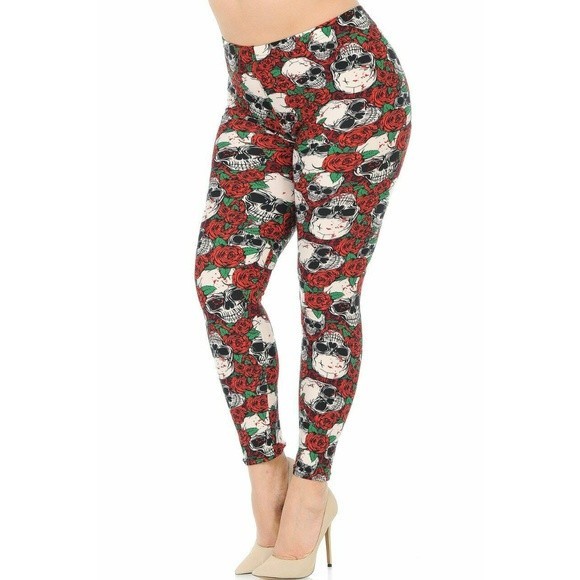 New Mix Womens Skull Roses Stretch Leggings X-Plus - Picture 1 of 8
